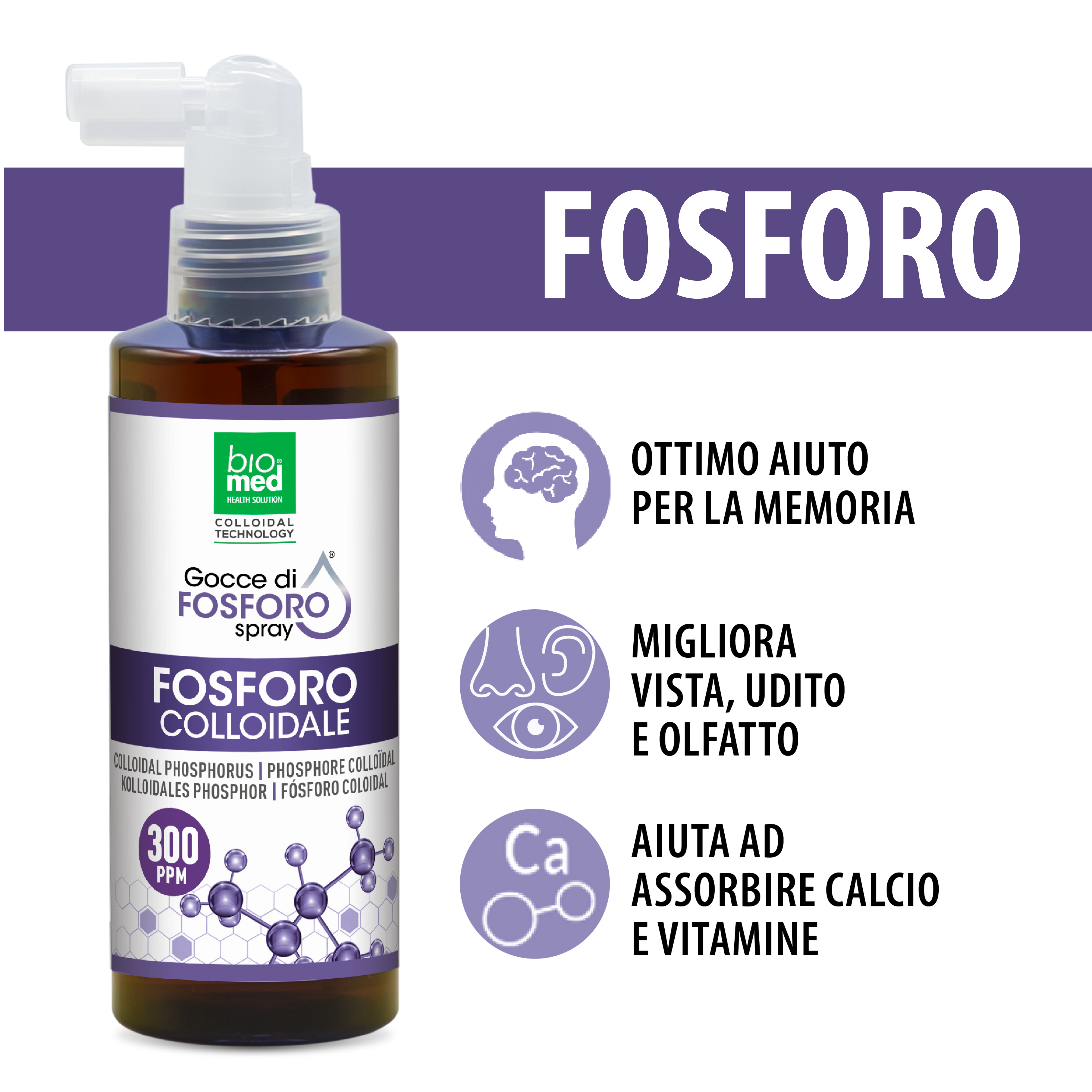 Fosforo colloidale spray sublinguale 300 ppm - 150 ml - Biomed Colloidali - Sito Ufficiale - Acquista quì i tuoi colloidali Spray