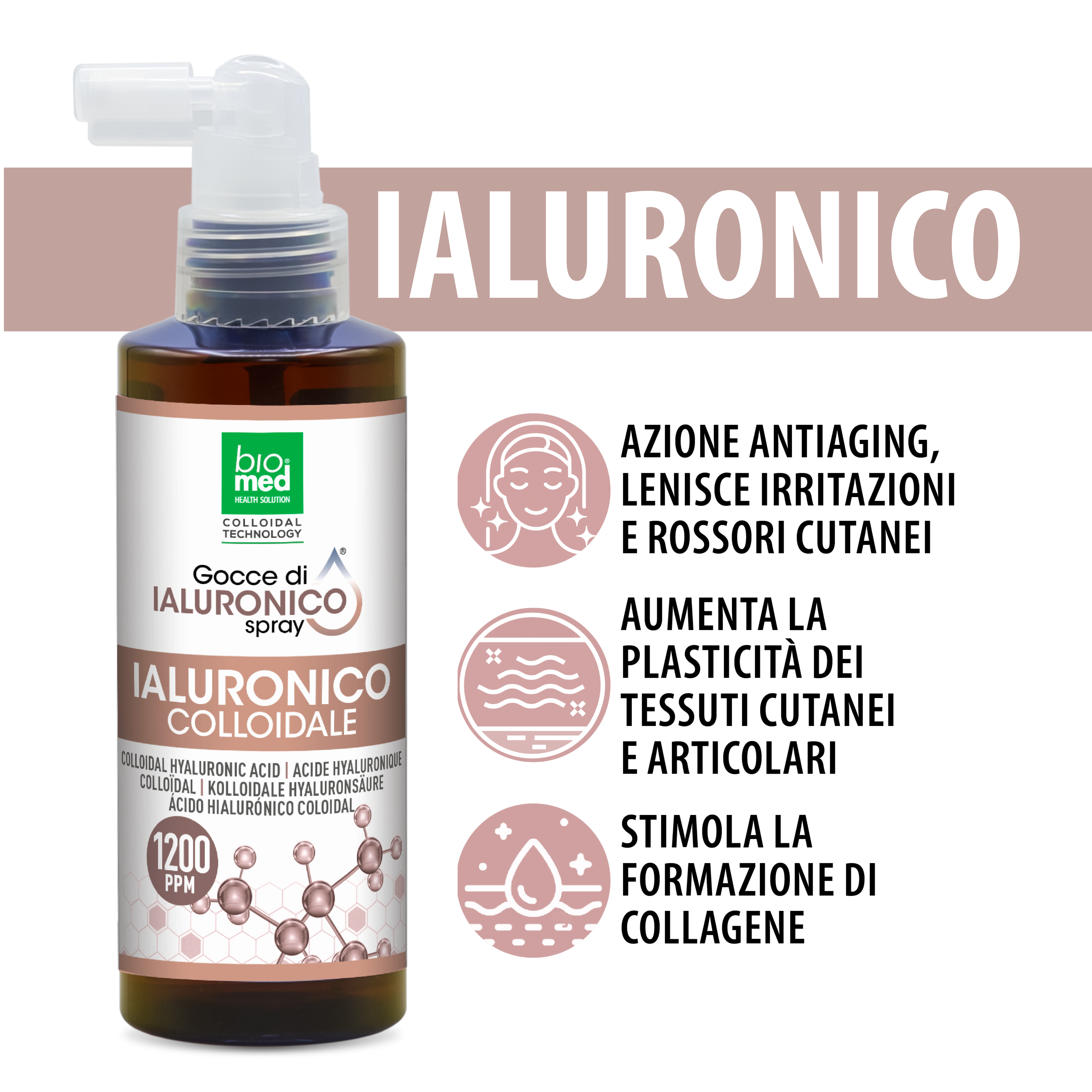 Ialuronico colloidale spray sublinguale 1200 ppm - 150 ml - Biomed Colloidali - Sito Ufficiale - Acquista quì i tuoi colloidali Spray