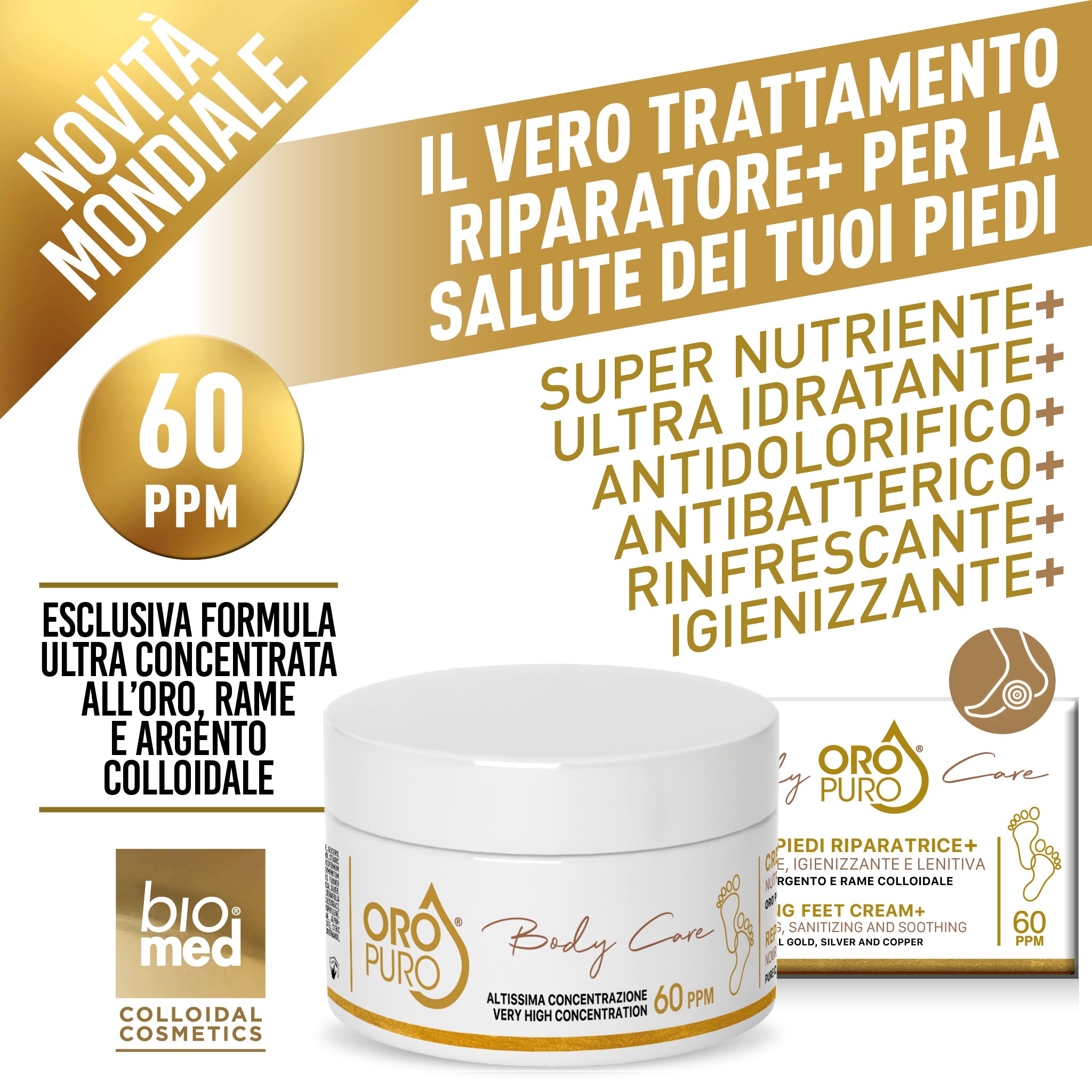  Crema Piedi Riparatrice+ All'Oro Puro, Argento e Rame Colloidale 