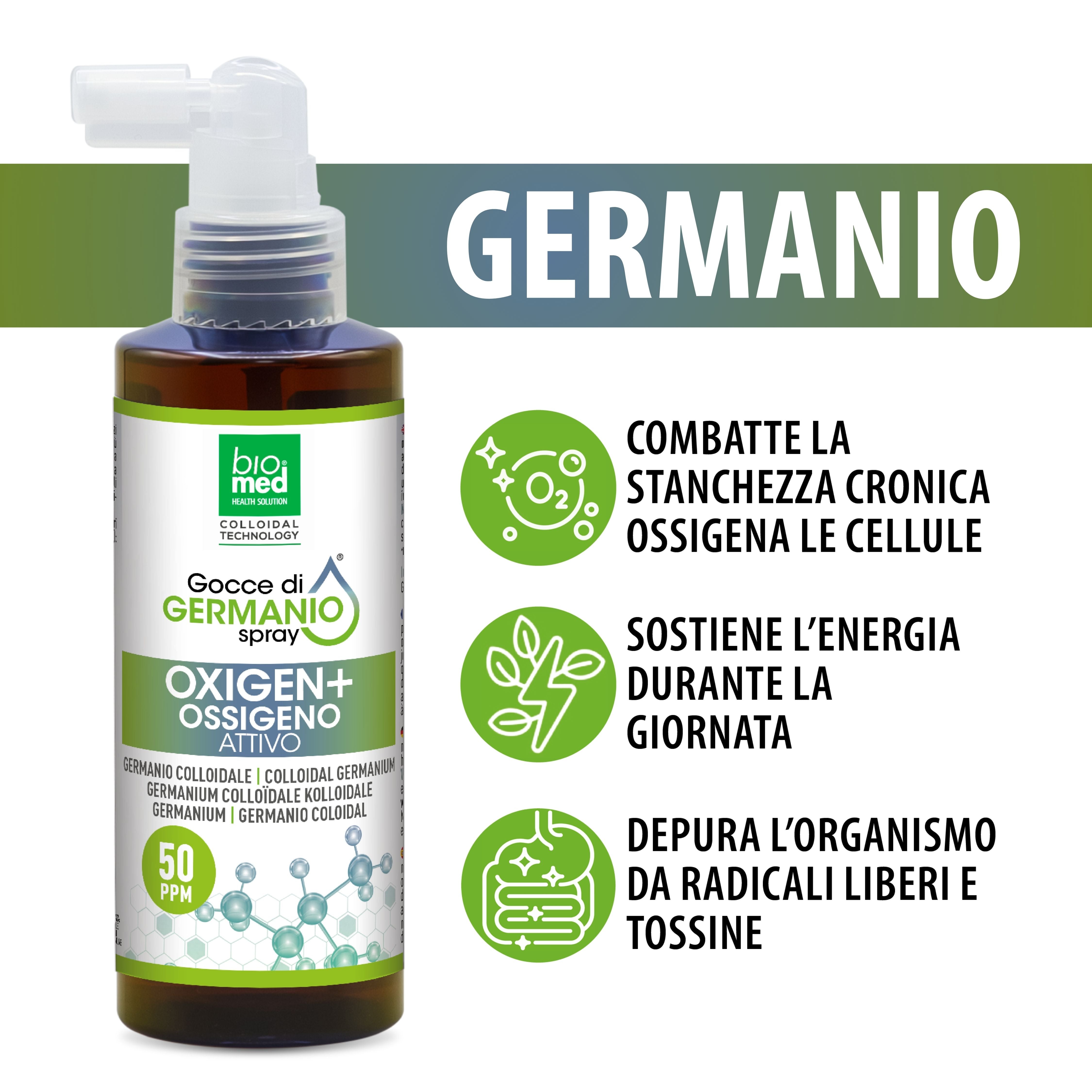 Oxigen+ germanio colloidale spray: benessere, energia e detox - 100ml - Biomed Colloidali - Sito Ufficiale - Acquista quì i tuoi colloidali Spray