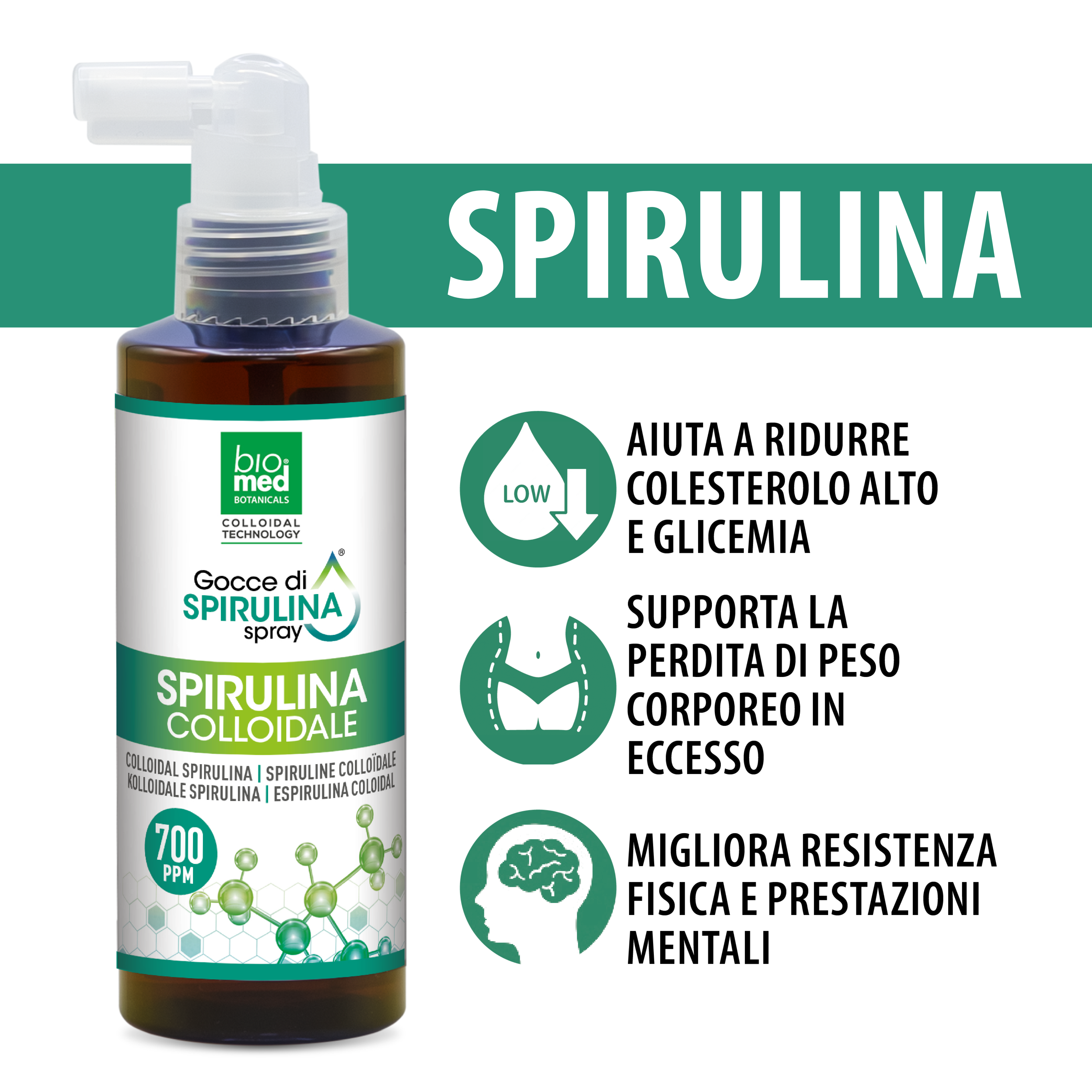 Spirulina colloidale spray sublinguale 700 ppm - 150 ml - Biomed Colloidali - Sito Ufficiale - Acquista quì i tuoi colloidali Spray