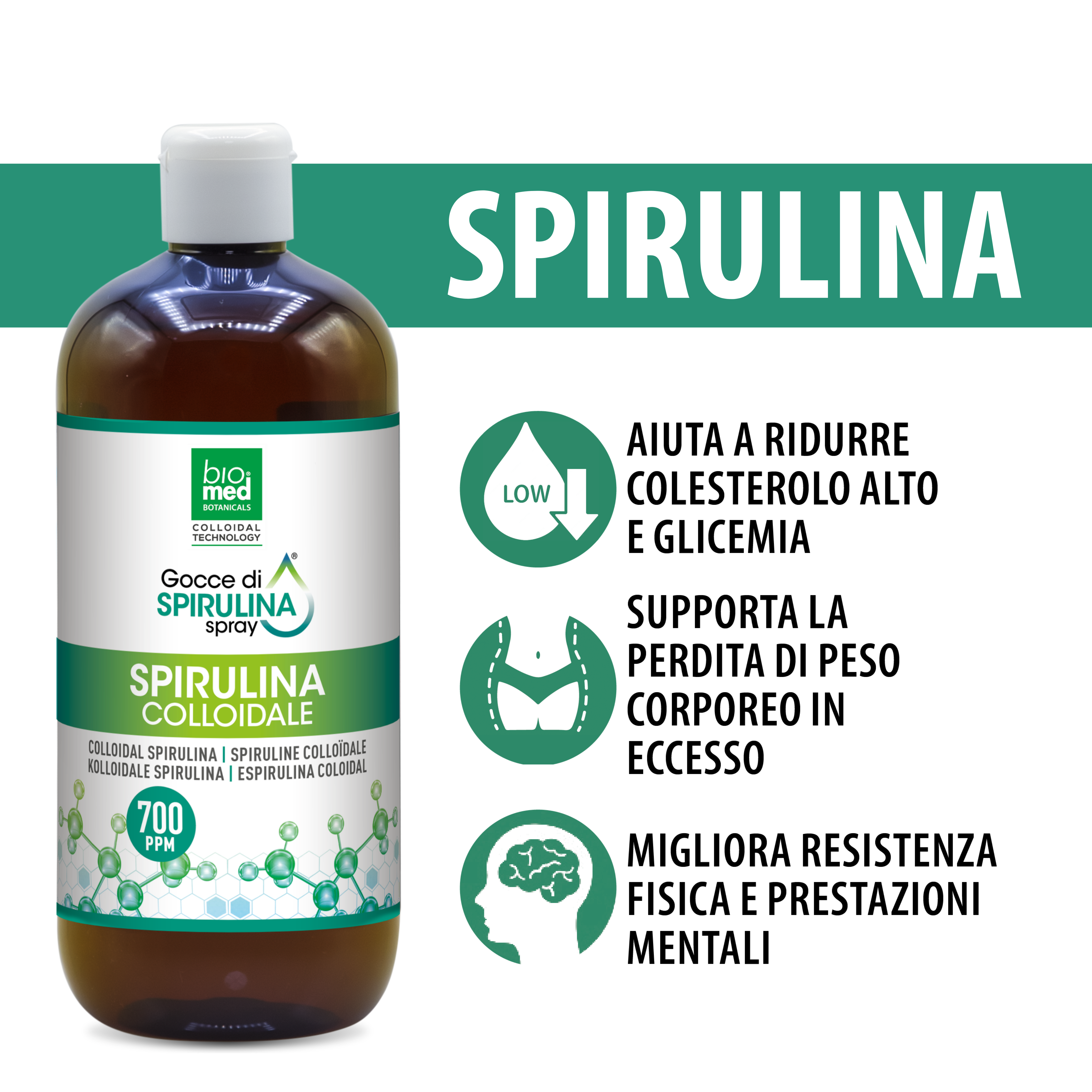 Spirulina colloidale spray sublinguale 700 ppm - 500 ml - Biomed Colloidali - Sito Ufficiale - Acquista quì i tuoi colloidali Spray