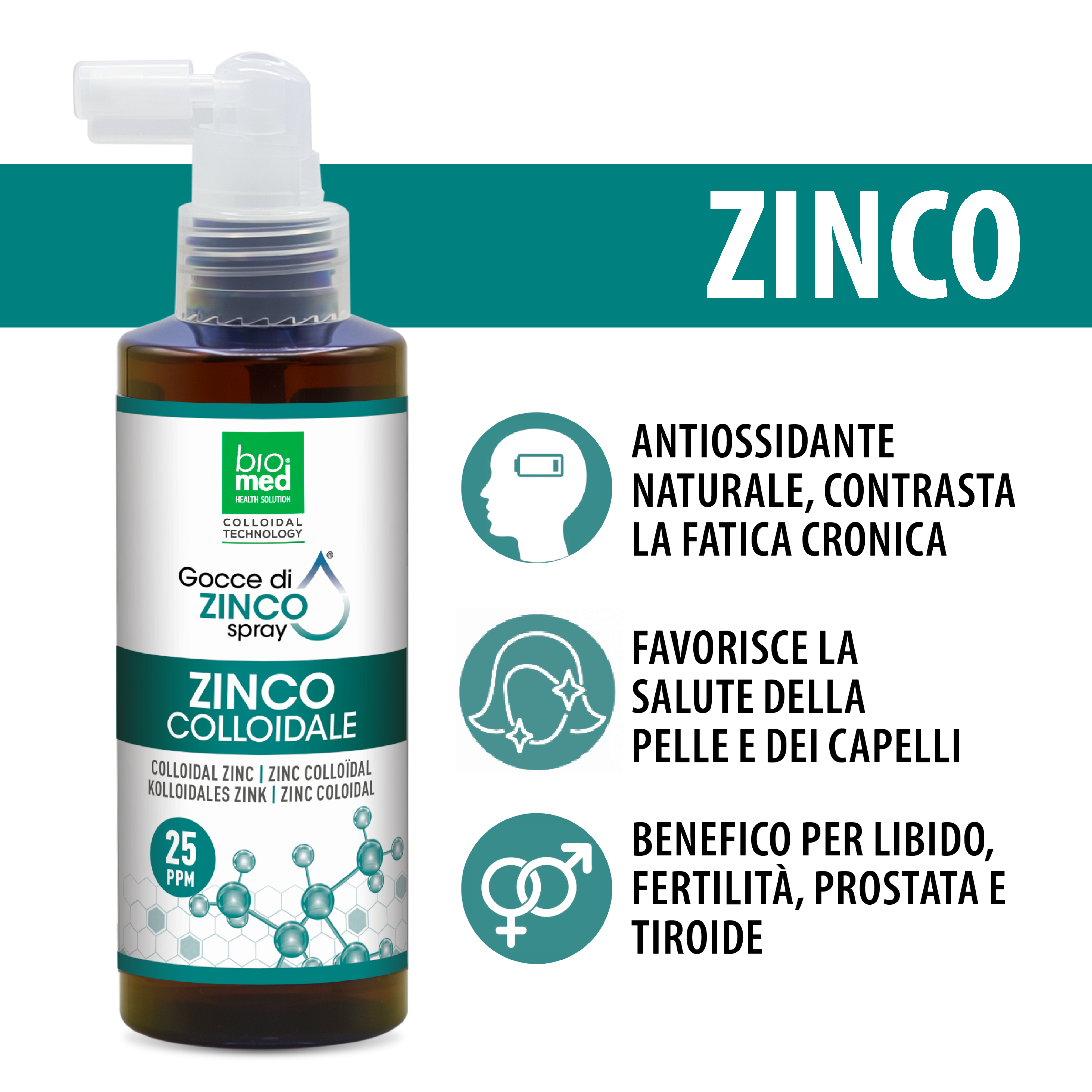 Zinco colloidale spray sublinguale 25 ppm - 150 ml - Biomed Colloidali - Sito Ufficiale - Acquista quì i tuoi colloidali Spray