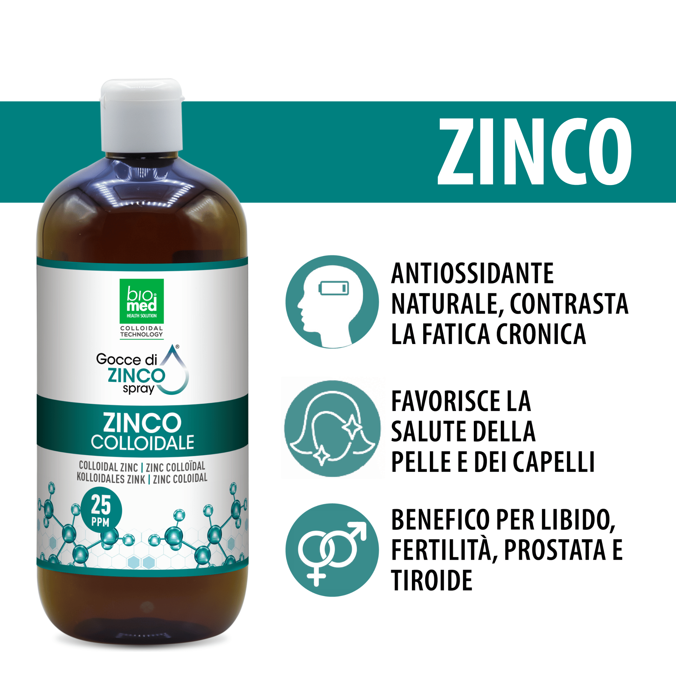 Zinco colloidale spray sublinguale 25 ppm - 500 ml - Biomed Colloidali - Sito Ufficiale - Acquista quì i tuoi colloidali Spray